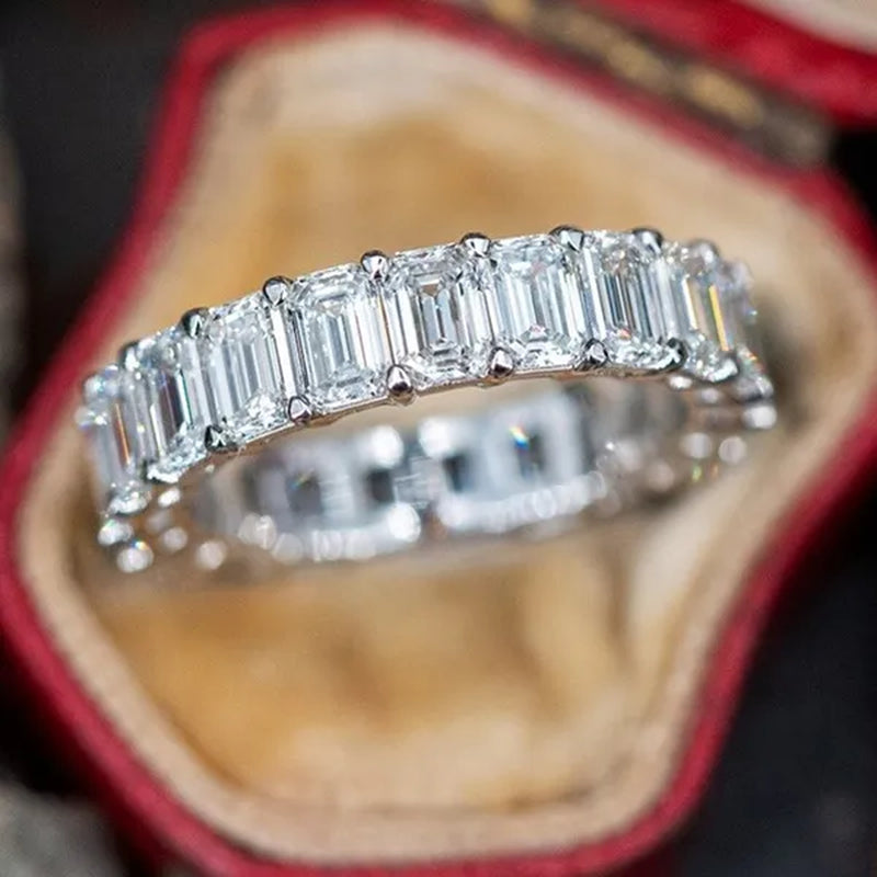 Luxury Jewelry Dainty 925 Sterling Silver White Sapphire Ring Full Eternity Diamond Wedding Band Elegant Female Bride Proposal Engagement Anniversary Party Gift Stackable Rings 4-12 Bague Femme