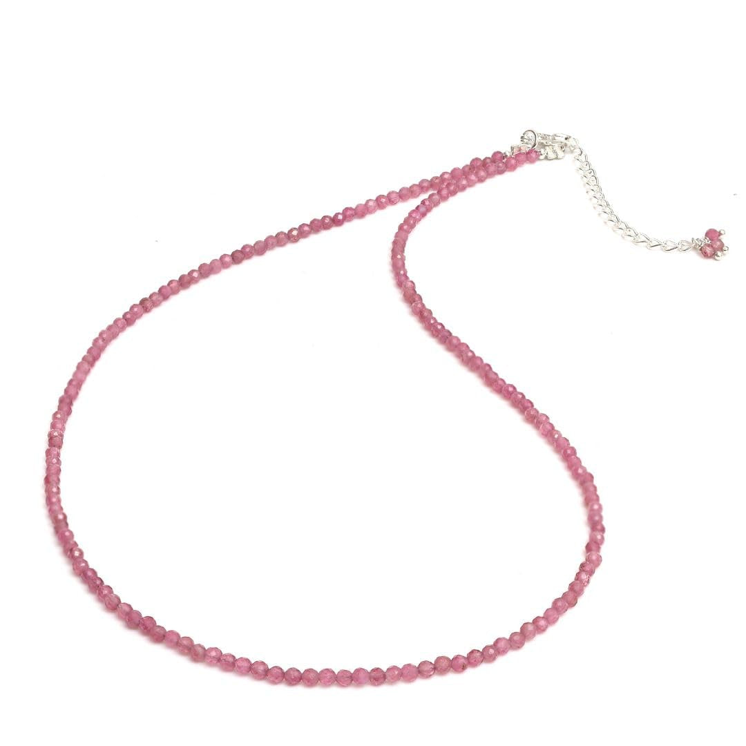 Gempires Pink Tourmaline Beaded Choker Necklace, Pink Crystal Beads Necklace, October Birthstone, 2.4-2.5 Mm Bead, Pink Fashion Jewelry, 18 Inch Silver Plated Adjustable Chain