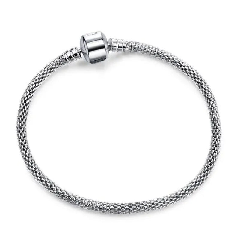 NEW Fashion 925 Sterling Silver White Flashing Double Sided Heart Snake Chain Bracelet for European Bangle Bracelet Jewelery Making DIY