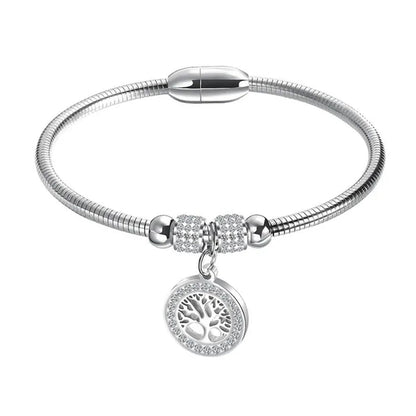 Gold Plated Tree of Life Bangle Bracelet Women Stainless Steel Family Tree Charm Bracelets with AAA Rhinestones & Magnetic Buckle