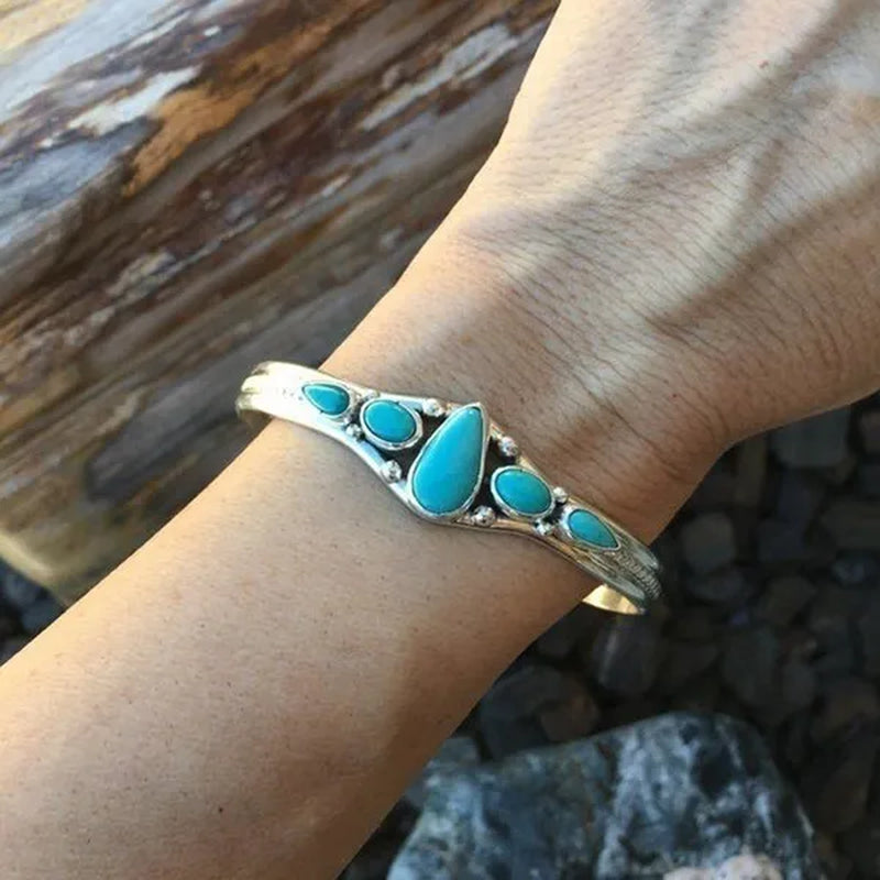 Women Vintage Jewelry Soild Sterling Natural Gemstone Turquoise Bracelet Adjustable Wedding Engagement Jewelry