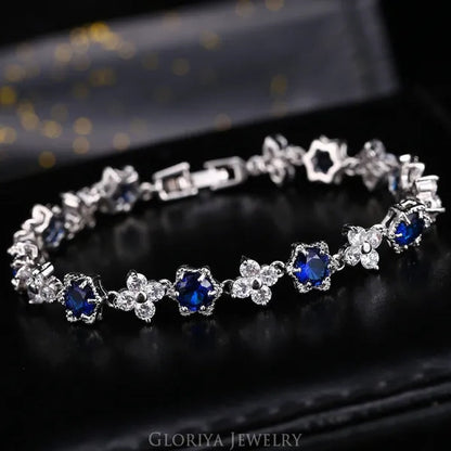Gloriya Elegant Goddess Silver Plated Link Bracelet Cluster Flower Shape White and Blue AAA Grade Zircon Charm Tennis Bracelet for Women