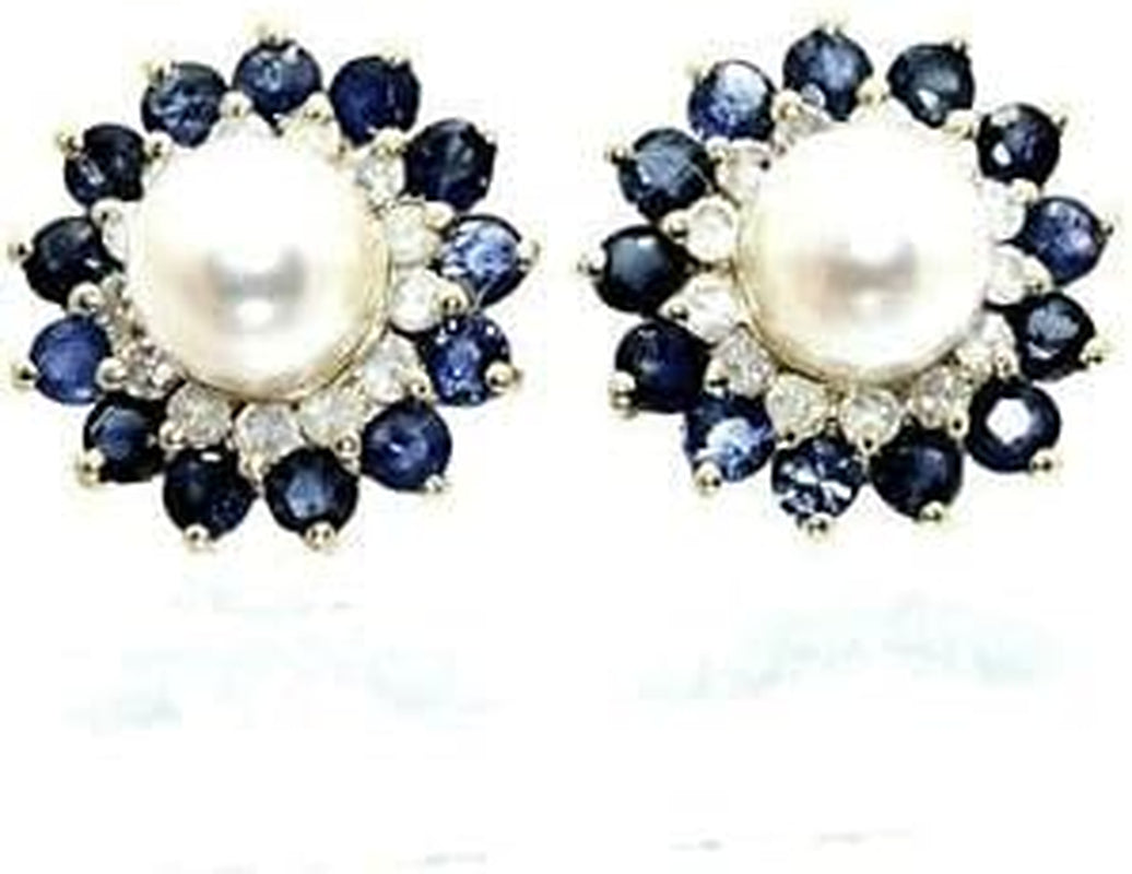 Vintage 14K Yellow Gold Plated 1.36Ct Sapphire Pearl Diamond Floral Stud Earrings