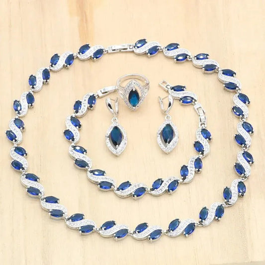 Royal Blue Stones Silver Color Jewelry Sets for Women Necklace Earrings Bracelet Ring Bridal Birthday Gift