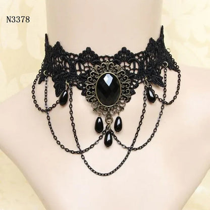 Black Lace Necklace Chokers Vintage Style Female Gothic Wedding Red Rose Crystal Diamond Pendant Collarbone Necklaces Chain Accessories for Women Girls