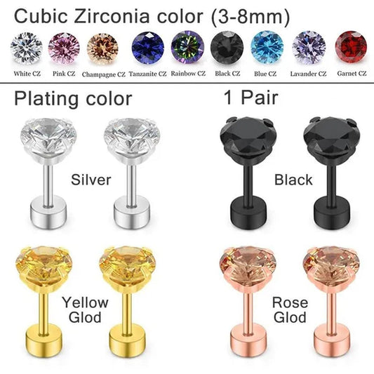 316L Surgical Stainless Steel Stud Earrings Hypoallergenic Cubic Zirconia Barbell Studs Earrings CZ Earrings 1 Pairs 3-8Mm