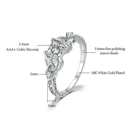 Classic and Fashionable silver-plated Celtic Knot Princess Geometric Cubic Diamond Ring Bridal Engagement Wedding Ring Size 5-11