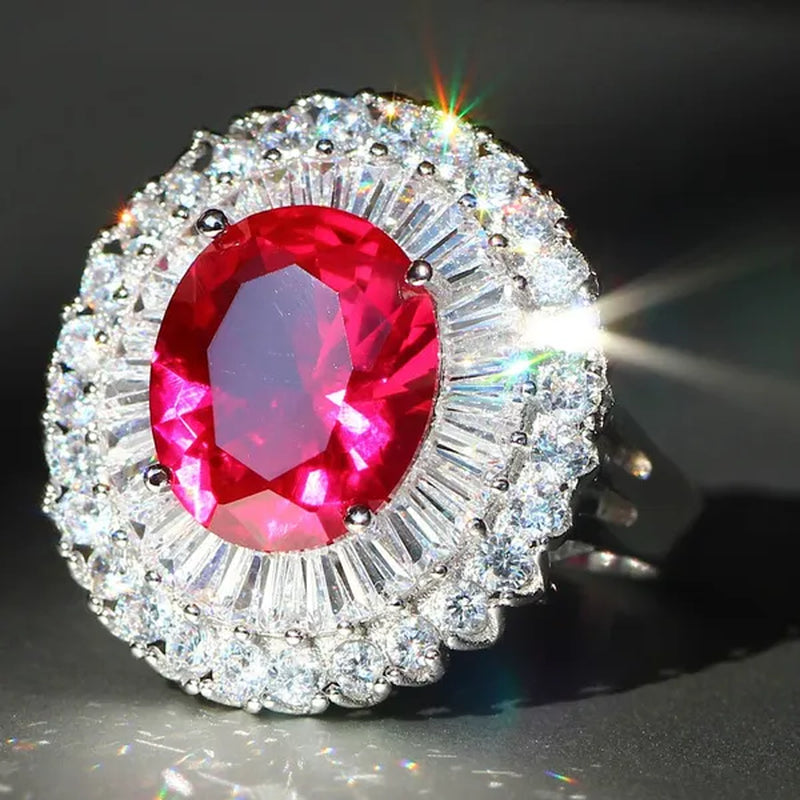 Luxurious  Silver Natural Gemstones Ruby And White Sapphire Wedding Birthstone Bride Engagement Multilevel Square Ring Jewelry Size 6 7 8 9 10