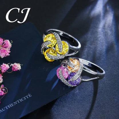 CANDICE Korean Fashion Sterling Silver Plated Women Elegant Pendant Necklace Earrings and Ring Sets Inlay Pure AAA Cubic Zirconia Knot Jewelry Set for Lady（US 6-9)