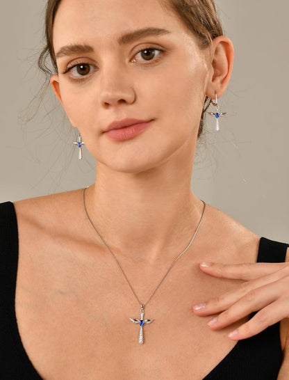 Cross Necklace 925 Sterling Silver Angel Wings Pendant Teardrop Cubic Zirconia Criss Jewelry