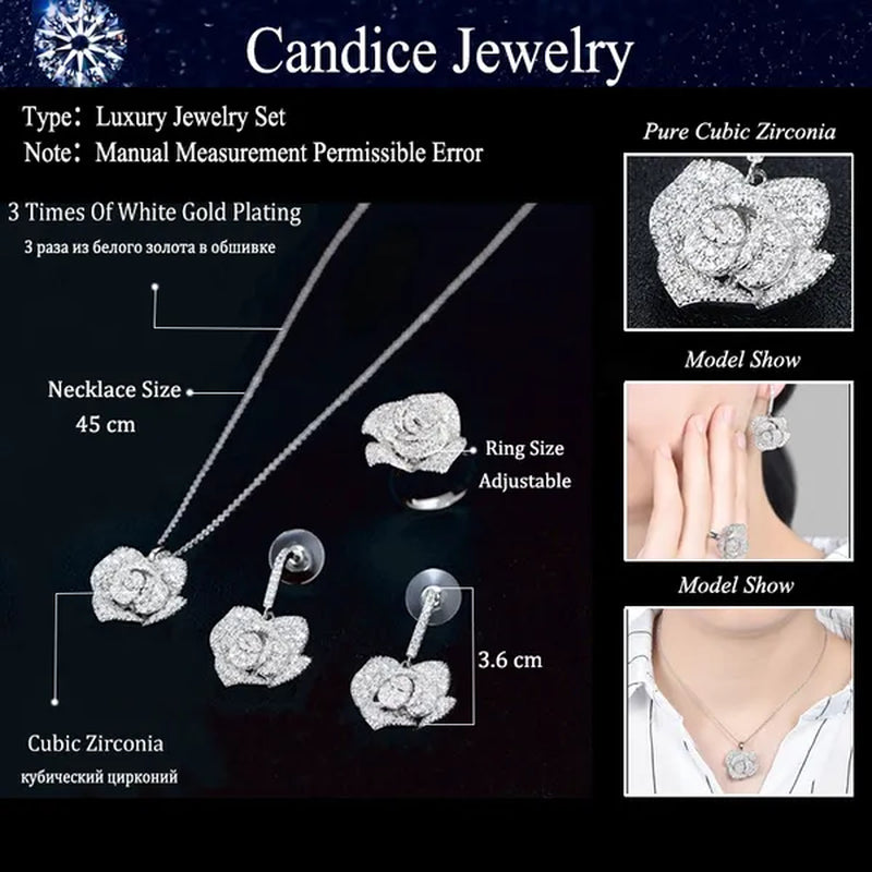 CANDICE Exquisite Banquet Party Jewelry Set for Women White Gold Plated Micro Inlaid AAA CZ Rose Flower Drop Necklace Silver Plated Earrings with Adjustable Ring