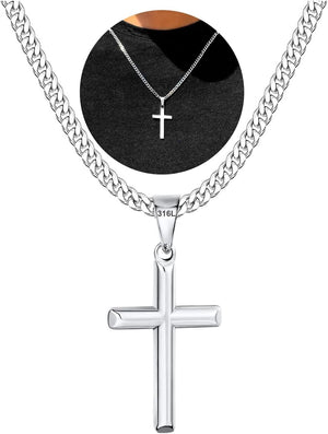 316L Stainless Steel Cross Chain Necklace Valentines Stuff Jewelry Gifts for Men Boys, Silver Gold Black Necklaces 5Mm Non-Fading Sturdy Cuban Chain with Cross Pendant 14/16/18/20/22/24Inch