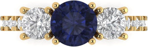 2 Ct round Cut Solitaire 3 Stone Genuine Simulated Blue Sapphire Engagement Promise Anniversary Bridal Ring 18K Yellow Gold