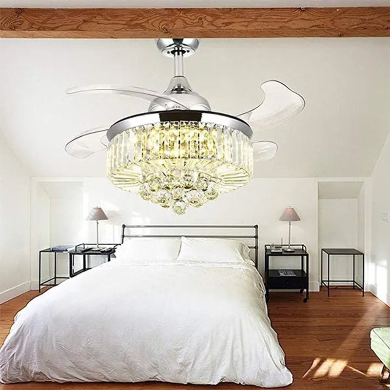 42 Inches Ceiling Fan Light Remote Control LED Pendant Light Crystal Dimmable Metal Luxury Invisible Ceiling Chandelier Lighting