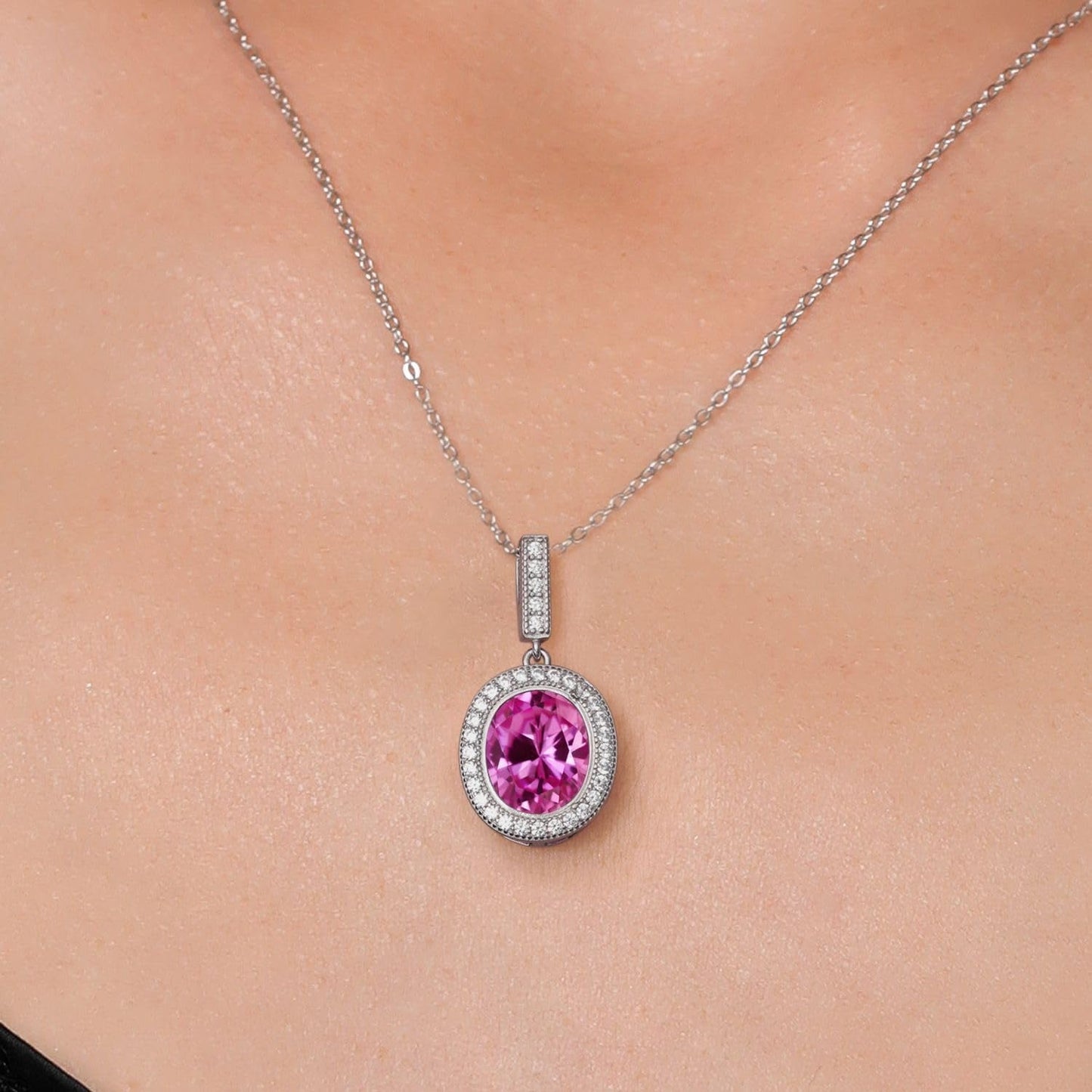 925 Sterling Silver Oval Gemstone Birthstone Halo Necklace for Women | Oval 12X10MM | Halo Pendant Necklace for Women | with 18 Inch Silver Chain