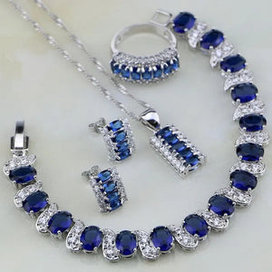 Blue Sapphire White Topaz 925 Silver Jewelry Sets for Women Earrings Pendant Necklace Rings Bracelets 4PCS