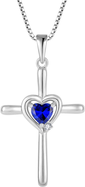 Cross Necklace 925 Sterling Silver Crucifix Pendant Heart Birthstone Religious Jewelry for Women