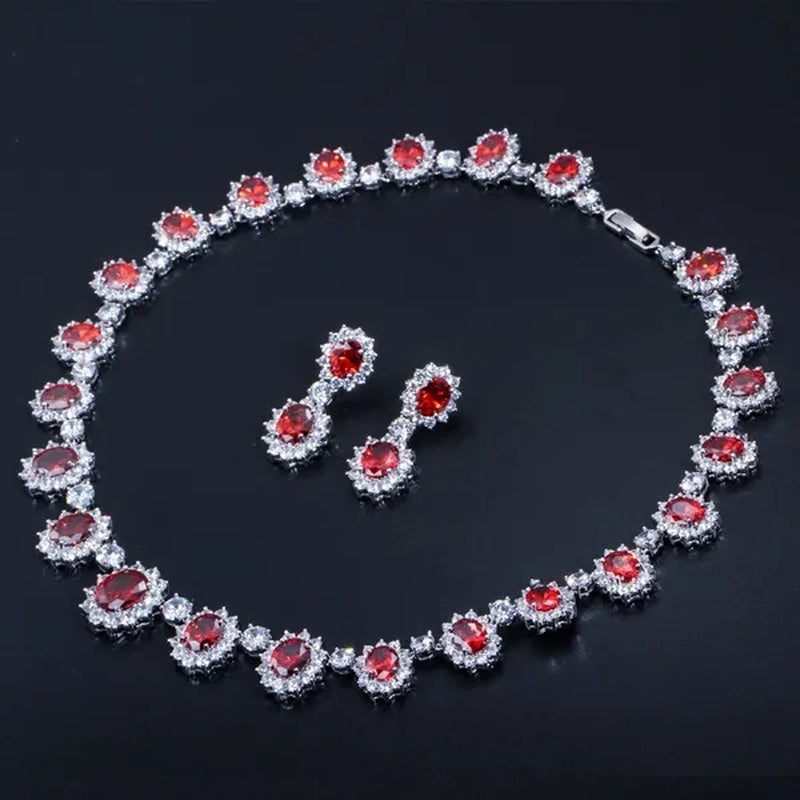 Gloriya Elegant Red Zirconia And White CZ Paved Setting Flower Pendant Earrings Necklace Jewelry Sets for Bridal Wedding Accessories