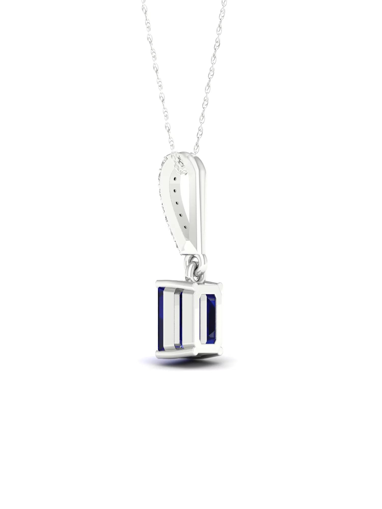Gemstone 10K White Gold Emerald Cut Blue Sapphire 1/20 CT TW Diamond Halo Pendant Necklace