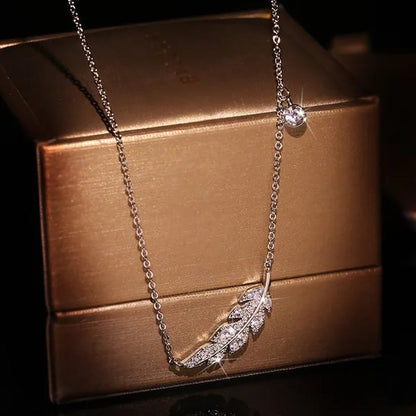 Bohemian Crystal Angel Feather Wing Pendant Necklace Party Jewelry 925 Sterling Silver Clavicle Necklace for Women 18inch Chain