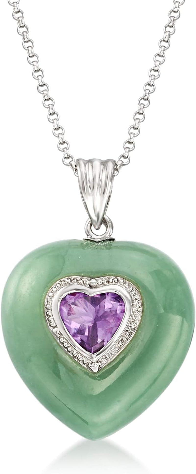 Jade and 1.50 Carat Amethyst Heart Pendant Necklace in Sterling Silver