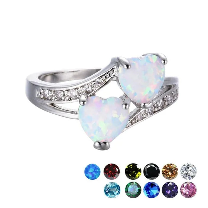 Birthstone rings...romantic double heart cut gemstone blue white opal rainbow topaz crystal ring white gold jewelry