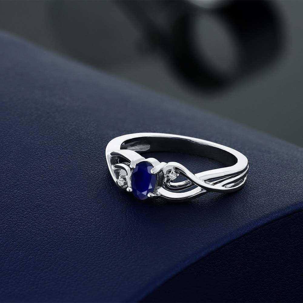 925 Sterling Silver Oval Blue Sapphire and White Lab Grown Diamond 3 Stone Engagement Ring for Women (0.56 Cttw, Gemstone Birthstone, Available in Size 5, 6, 7, 8, 9)