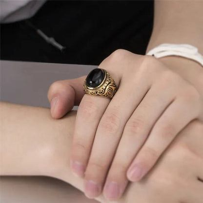Men's Women's Natural Oval Black Onyx Gem Silver Gold Stainless Steel Ring Gift Jewelry Plus Size 8-15