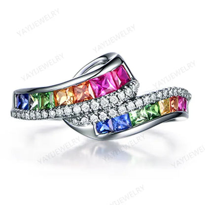 Princess  silver cut Ruby Emerald & Sapphire & Topaz & Ruby Multicolor Natural Gemstone Engagement Bride Ring Jewelry