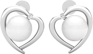 8Mm Each round White Freshwater Pearl & White Diamond Womens Heart Stud Earrings, Available in 10K/14K/18K Solid Gold & 925 Sterling Silver
