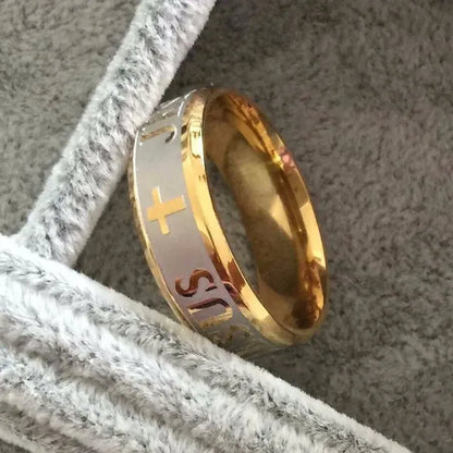 High quality large size 8mm 316 Titanium Steel 18K silver gold plated jesus cross Letter bible wedding band ring men women