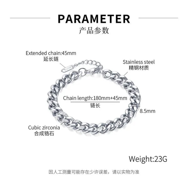 8.5Mm Wide Adjustable Curb Link Chain Bracelet Inlay Delicate Cubic Zirconia CZ Stone for Women Girls Titanium Steel Chunky Cuban Curb Chain Bracelets Bangle Lady Jewelry Silver / Gold