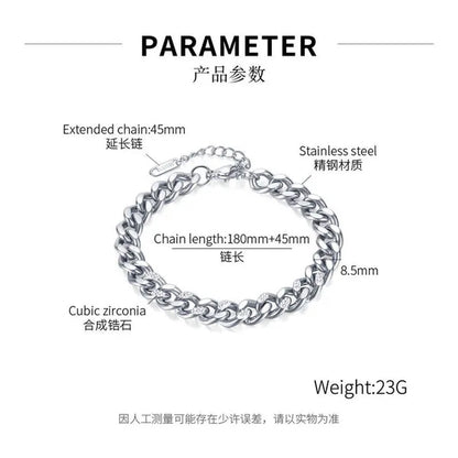 8.5Mm Wide Adjustable Curb Link Chain Bracelet Inlay Delicate Cubic Zirconia CZ Stone for Women Girls Titanium Steel Chunky Cuban Curb Chain Bracelets Bangle Lady Jewelry Silver / Gold