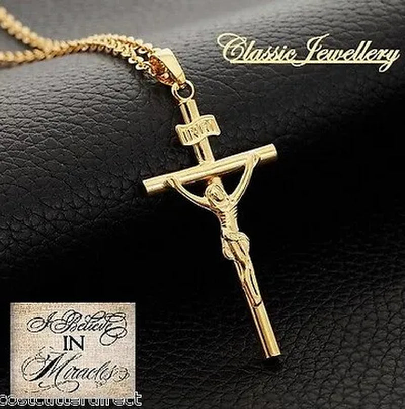 18K GOLD FILLED JESUS CHRIST CRUCIFIX CROSS PENDANT CHAIN NECKLACE WHITE GOLD PLATED