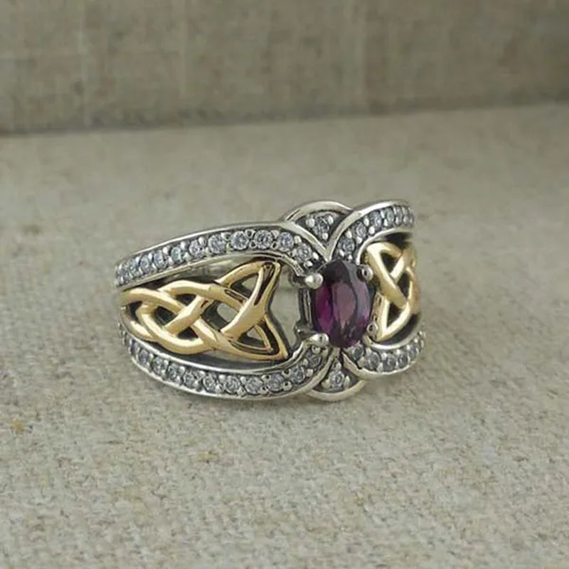 Vintage Women'S Fashion Two Tone Silver & Gold Red Ruby & Blue Sapphire Celtic Ring Anniversary Gift Engagement Bridal Wedding Jewelry Rings Size 5-10