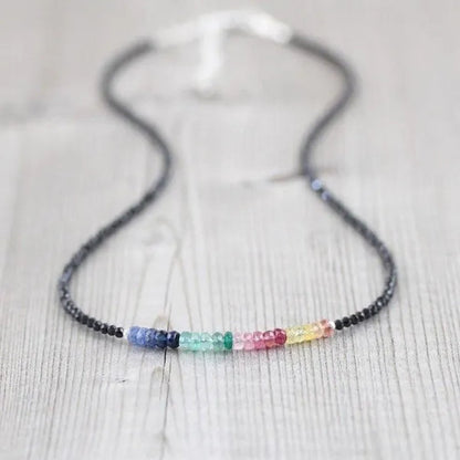 Sapphire, Ruby, Emerald & Black Spinel Necklace. Sterling Silver, Rose, Gold Filled. Dainty Delicate Multi Color Gemstone Choker for Women