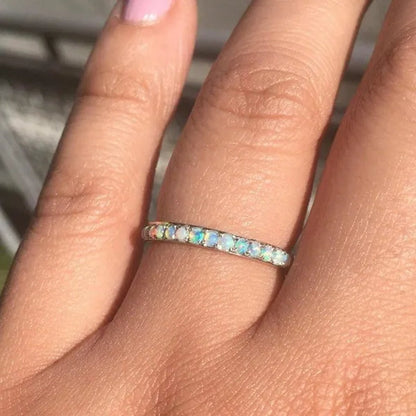 Women's Fashion Exquisite 925 Sterling Silver Natural White Opal Eternity Diamond Ring Elegant Female Birthday Party Jewelry Romantic Princess Proposal Engagement Anniversary Gift Stackable Rings for Women Bride Wedding Band Size 4-12 Bague Femme