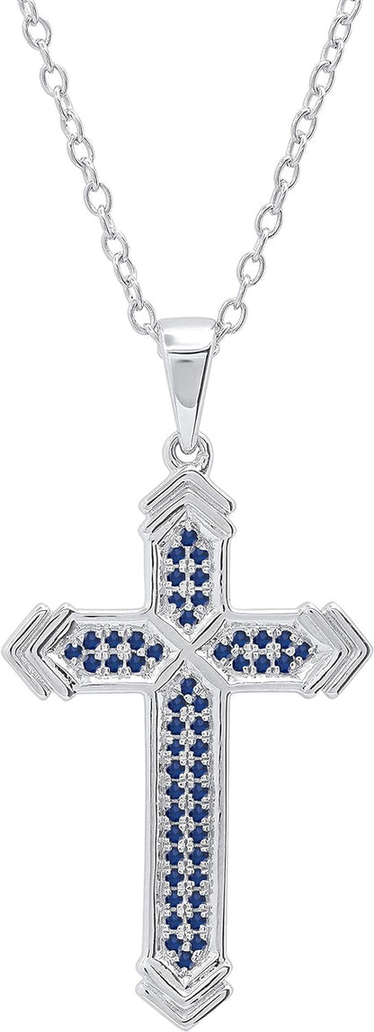 round Blue Sapphire Unisex Divine Cross Pendant in 925 Sterling Silver