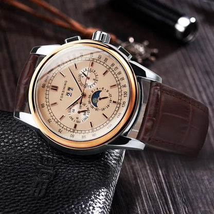 Forsining Moon Phase Shanghai Movement Rose Gold Case Brown Bracelet En Cuir Véritable Montres Pour Hommes Top Brand Luxury Auotmatic Watch with Gift Box