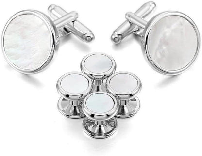 Mens Silver and White Mother of Pearl Tuxedo Cufflinks Studs Formal Set with Travel Presentation Gift Box