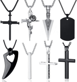 8 Pcs Necklace for Men, Mens Necklaces Jewelry Set, Black and Silver Stainless Steel Necklace, Cross Pendant Necklace, 16-24 Inches Chain