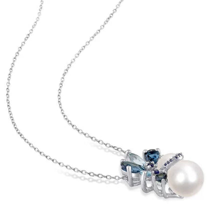 7-9 Mm round Freshwater Cultured Pearl with Blue Topaz and Sapphire Pendant in Sterling Silver