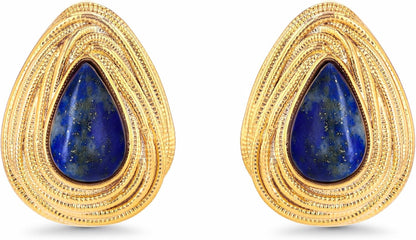 Dainty Oval Triangle Textured Blue Gold Lapis Lazuli Gemstone Statement Earrings for Women by , Small Vintage Button Chunky Bold Handmade Natural Exaggerated Retro Trendy Bohemian Jewelry Gifts, Unique Baroque Stone Summer Beach Fashion Stud Earrings Acce