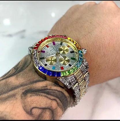 Men Watch Luxury Brand Mens Gold Men Watch Quartz Clock Chronograph Colorful Diamond Steel Iced Out Watch Reloj Hombre