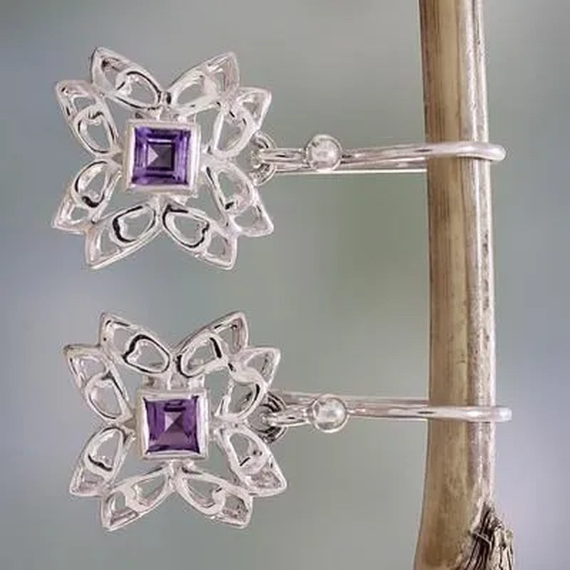 925 Sterling Silver Purple Amethyst Diamond Gemstones Birthstone Ear Studs Earring Bride Princess Wedding Engagement