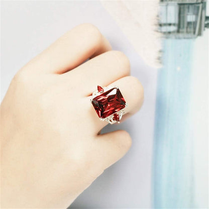 Vintage 925 Sterling Silver Ruby Ring Cocktail Rings Square Cut Red Gemstone Cubic Zirconia Anniversary Promise Ring CZ Halo Ring Eternity Engagement Wedding Band Ring for Women TZ.87