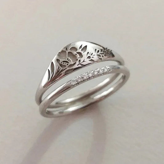 2Pcs/Set Women'S Fashion Jewelry Exquisite 925 Sterling Silver Ring Personality Carved Rose Flower Stackable Diamond Wedding Rings Set Beautiful Princess Bride Proposal Engagement Cocktail Party Accessories Anniversary Gift Size US4-12 Bague Femme