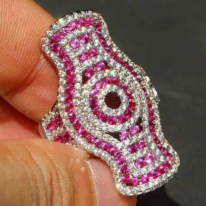 Silver Natural Gemstones Ring Ruby & White Sapphire Wedding Birthstone Bride Engagement Square Brand Crown Cross Crucifix Ring Jewelry Size 6 7 8 9 10