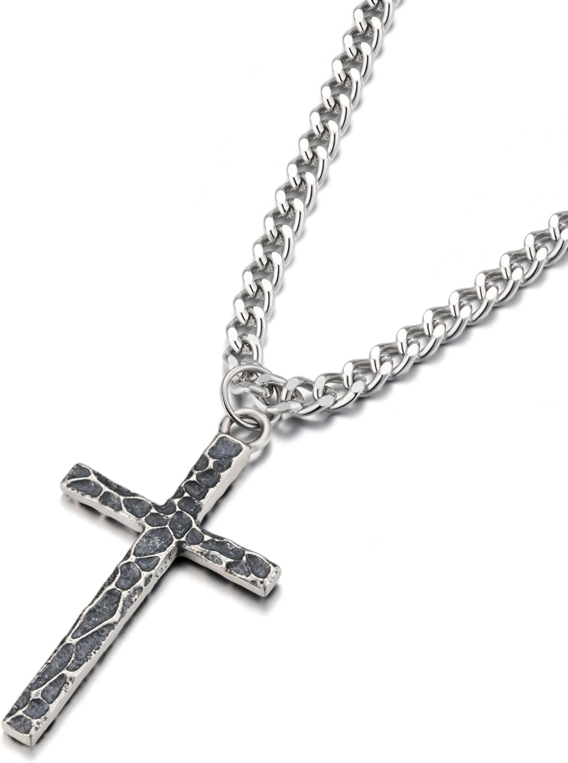 925 Sterling Silver Cross Necklace Men - Oxidized Hammered Cross Pendant with Stainless Steel Cuban Link Curb Chain Vintage Unique Crucifix Necklaces Silver Jewelry for Mens Women 16-30 Inches