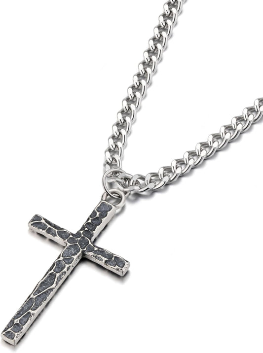 925 Sterling Silver Cross Necklace Men - Oxidized Hammered Cross Pendant with Stainless Steel Cuban Link Curb Chain Vintage Unique Crucifix Necklaces Silver Jewelry for Mens Women 16-30 Inches
